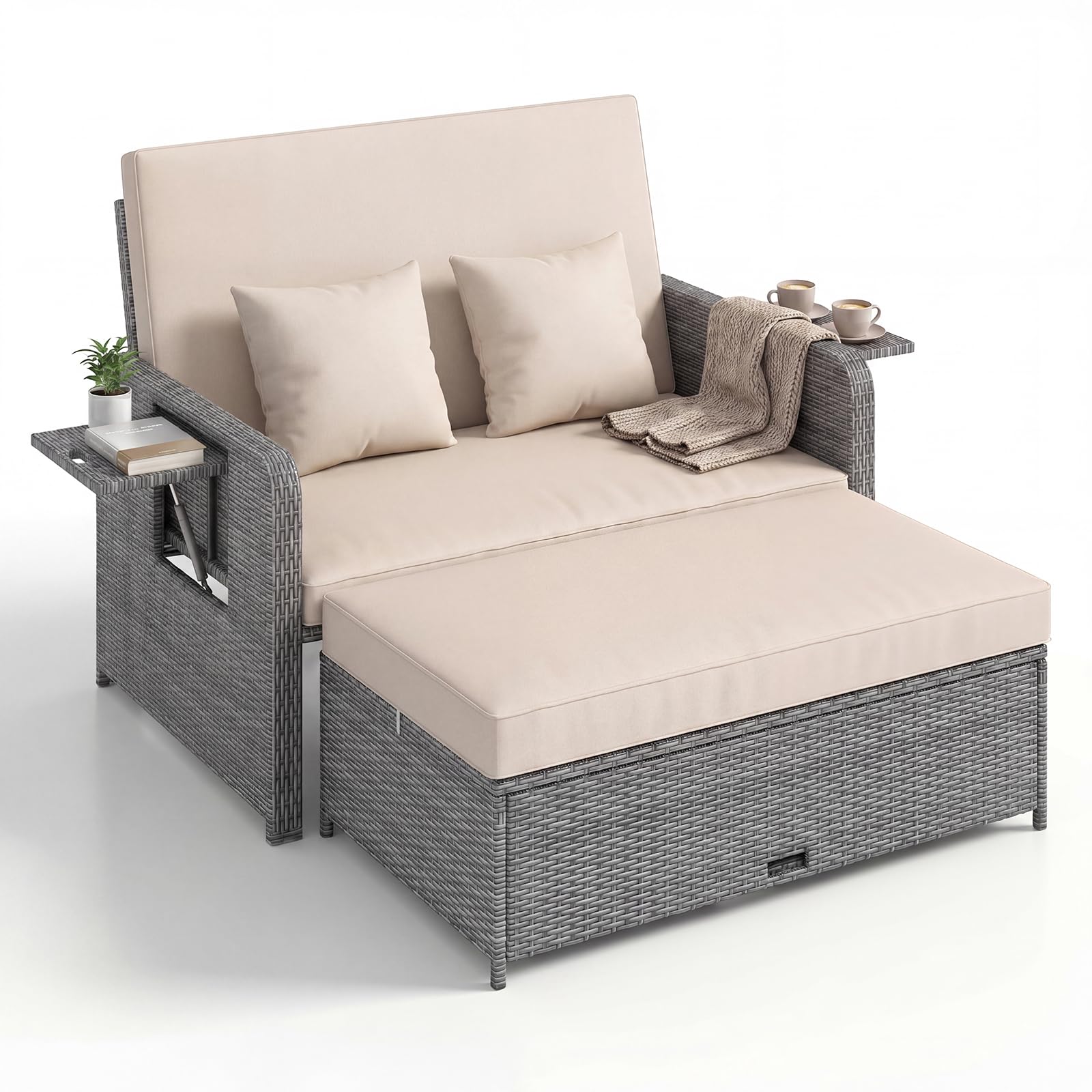 LIFEZEAL Salon de Jardin Extérieur avec Tabouret & Coussin pour 2 Personnes, Dossier Inclinable 4 Positions, Bain de Soleil Rotin PE, Table Appoint, 2 Oreillers, Charge 360 kg (Beige, Style 2)