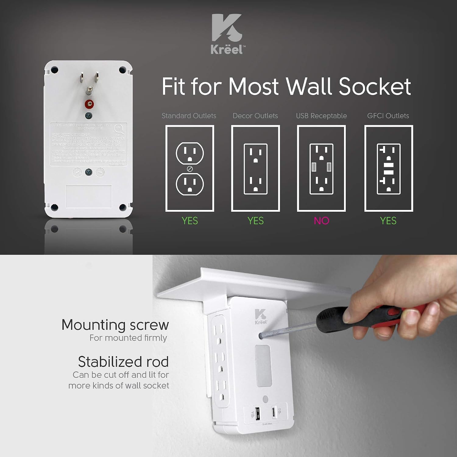 Socket Outlet Shelf Quick Charger and Surge Protector 6 AC Outlets 2 USB Ports 3.4A USB C Cable and LED Night Light Sensor Removable Built-In Shelf compatible iPhone/Android/Appliances/Wearables