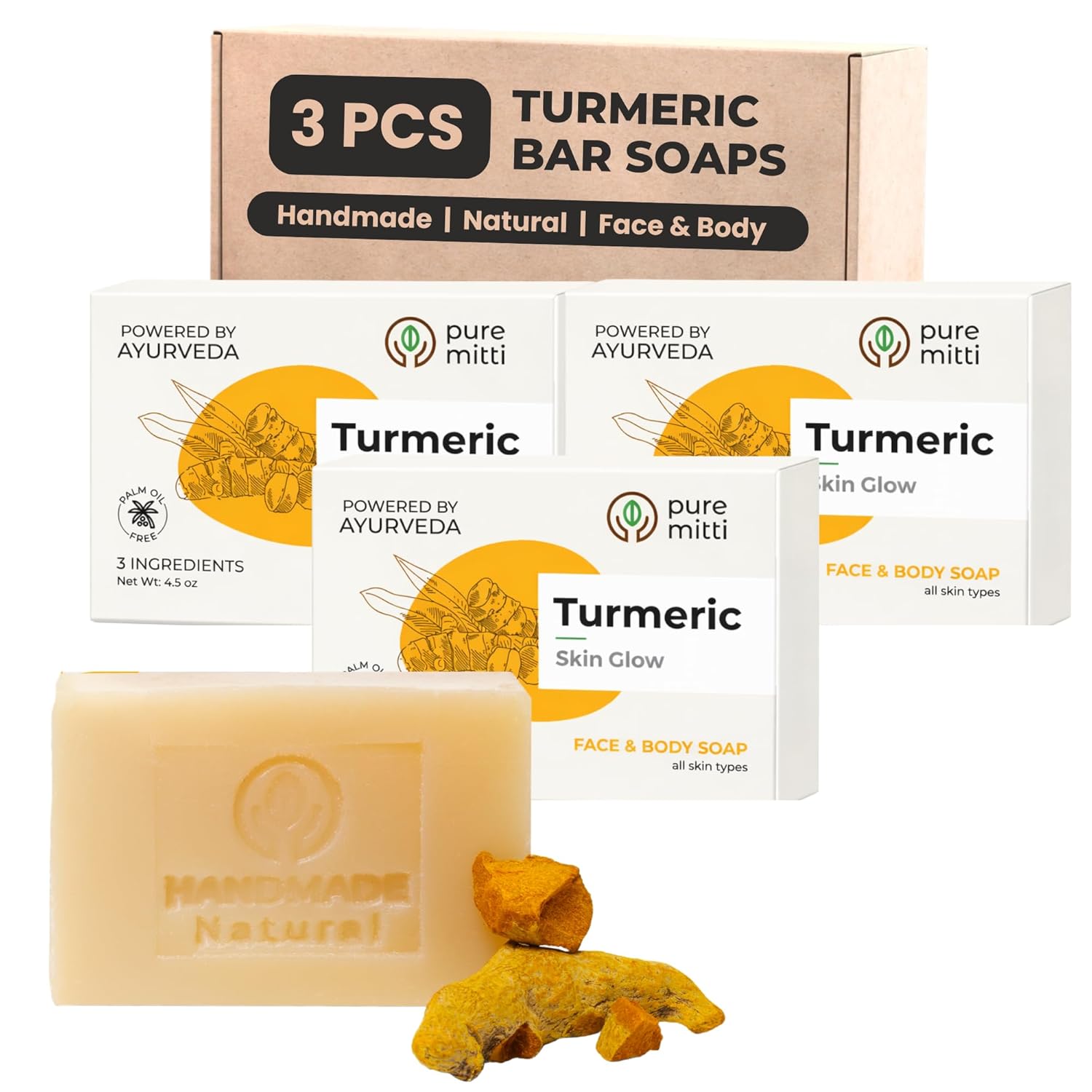 Turmeric Face, Body Bar Soap 4.5 oz, 3 Pack | Herbal Cleansing Bar with Coconut Oil, Castor Oil | Gentle Bath Soaps for Face Wash, Body Wash | Turmeric Soap for Daily Use, All Skin Types