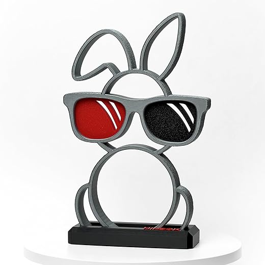 Abstract Rabbit with Sunglasses Sculpture, Black, Satin Silver Gray (Medium), and Red 3D Printed Desk Decor with Detachable Base for Wall Display, Home Office Accent, 9.13 in