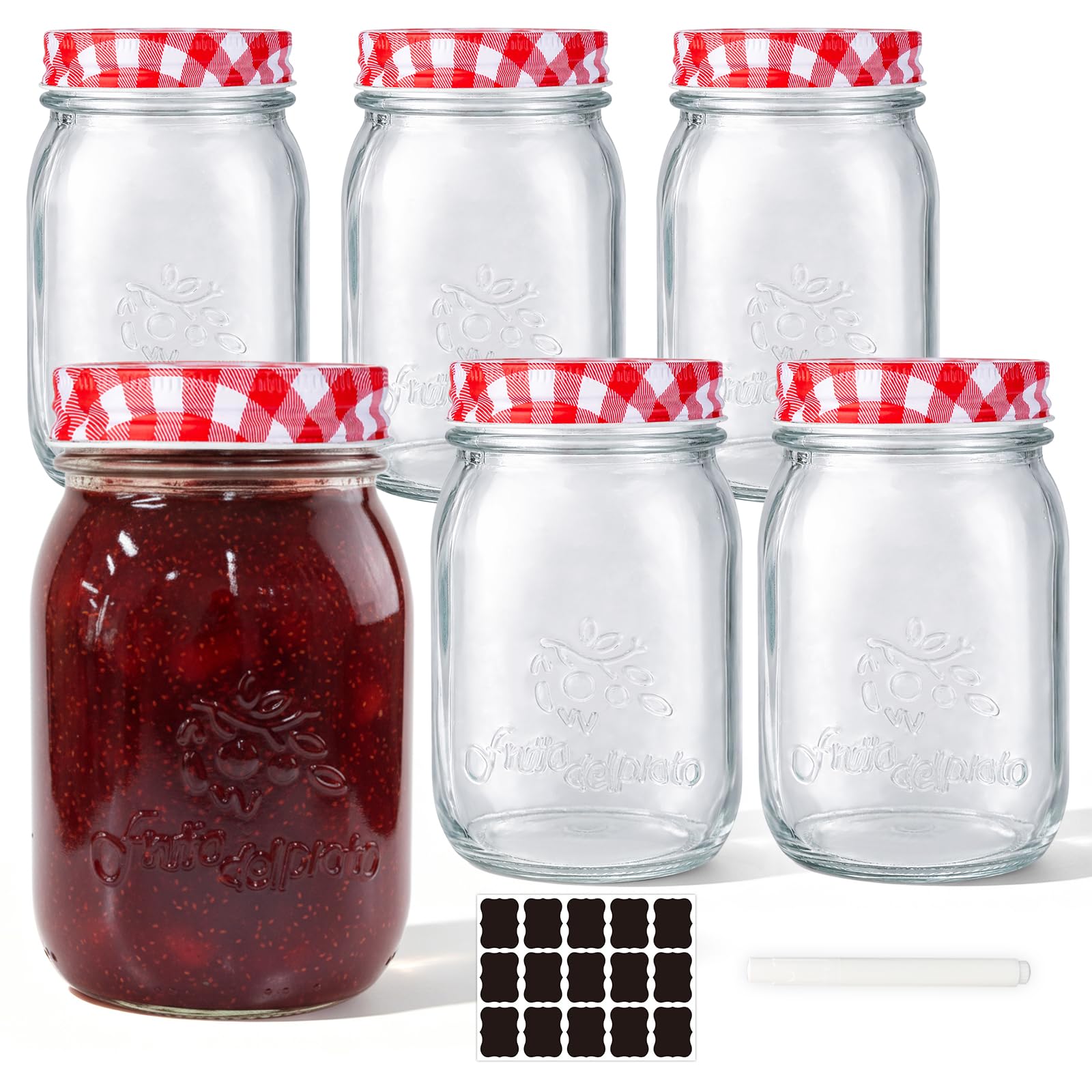 WERTIOO 6 Pack 480ml Mason Jar, Jam Jars, Jam Jars with Lids, Overnight Oats Jar, Storage Jars for Pickling, Jam, Meal Prep, Kitchen Storage