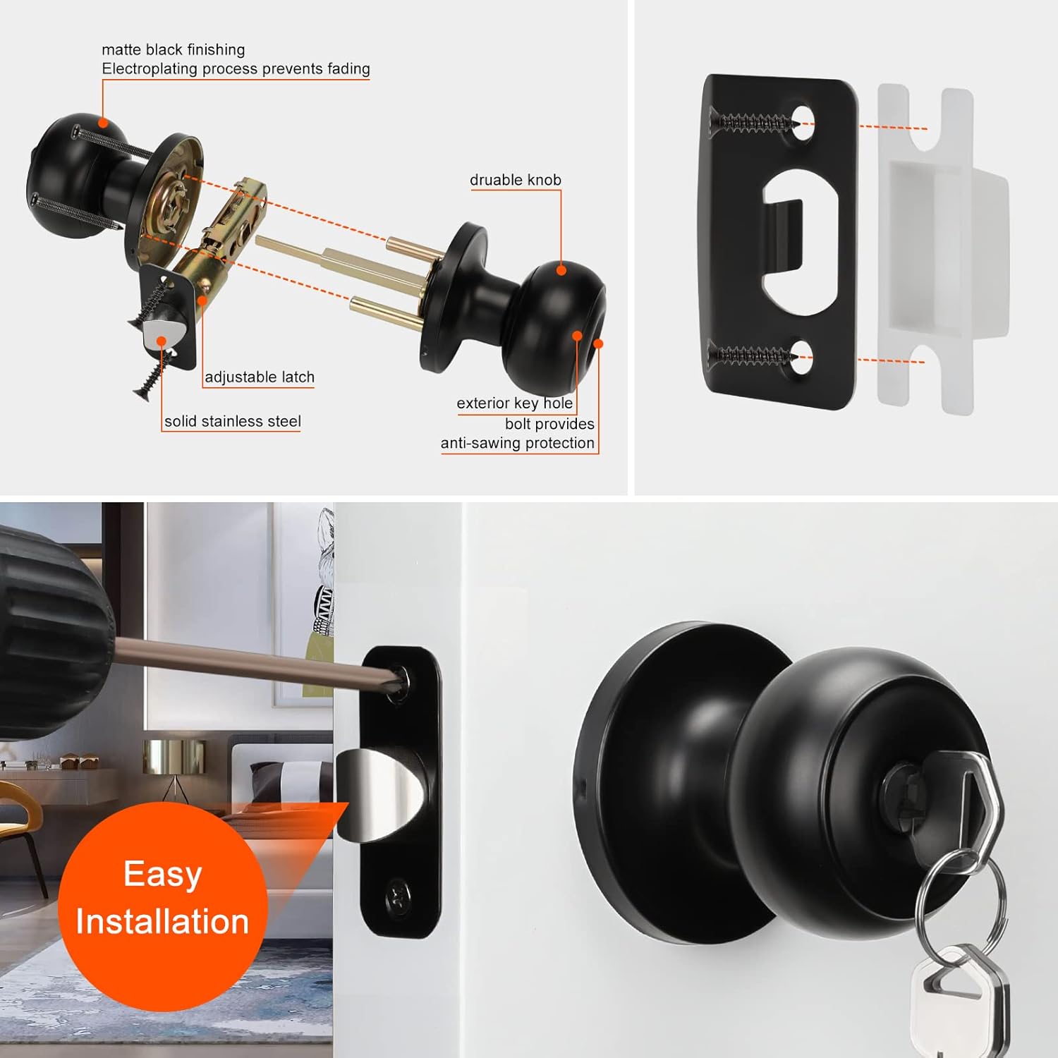 Haidms 5 Pack Matte Black Door Knobs with Lock and Key, Keyed Alike Keyed Entry Door Knobs Exterior, Black Doorknobs for Bedroom