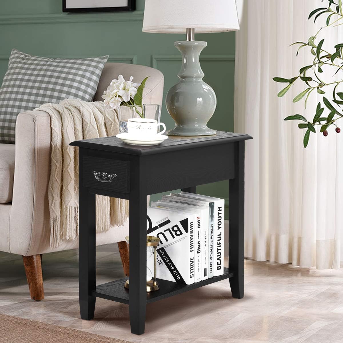 Tangkula Narrow End Table, Wood Small Side Table with Drawer & Open Shelf, Slim Nightstand for Small Spaces, Skinny Bedside Table for Living Room Bedroom, 9.8 x 23.6 x 23.6 Inches