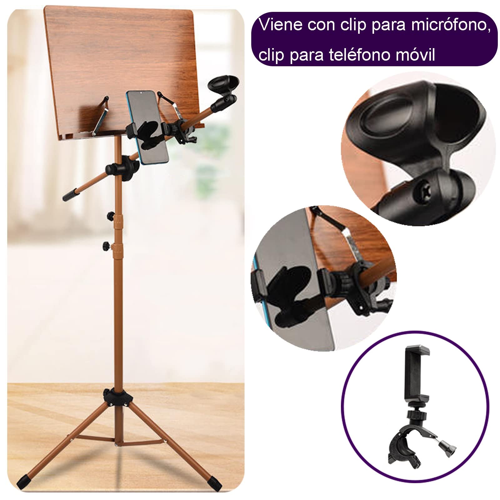 Pupitre à partitions à Double Usage et pupitre de Bureau, pupitre de Guitare, Pas Facile à Plier ou à secouer, et Beau, pupitre avec Support de téléphone et Micro (Bois 17 cm x 45 cm x 75 cm)