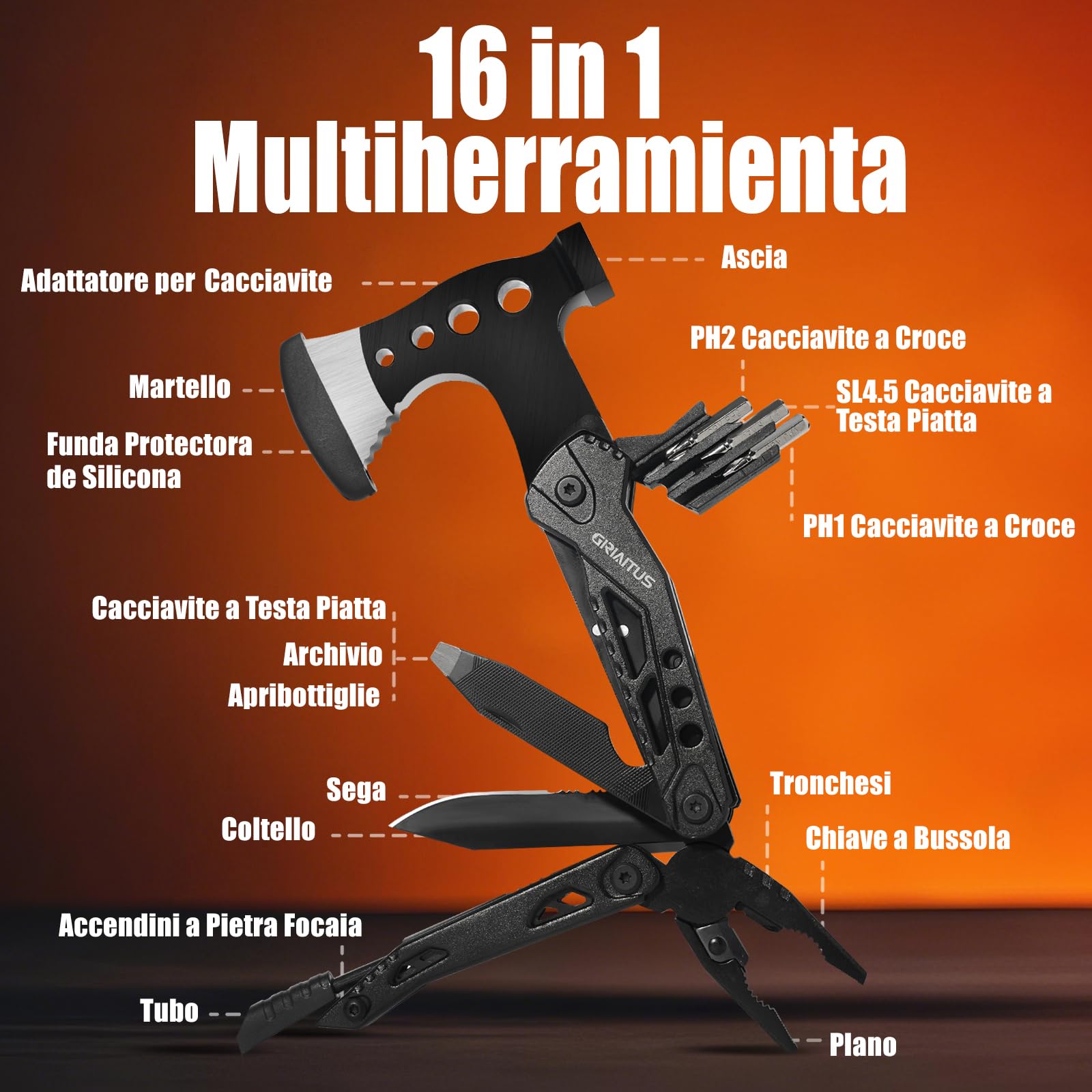 Multitool 16w1 Asce Sopravvivenza Coltello Martello Pinze Seghetto Cacciavite
