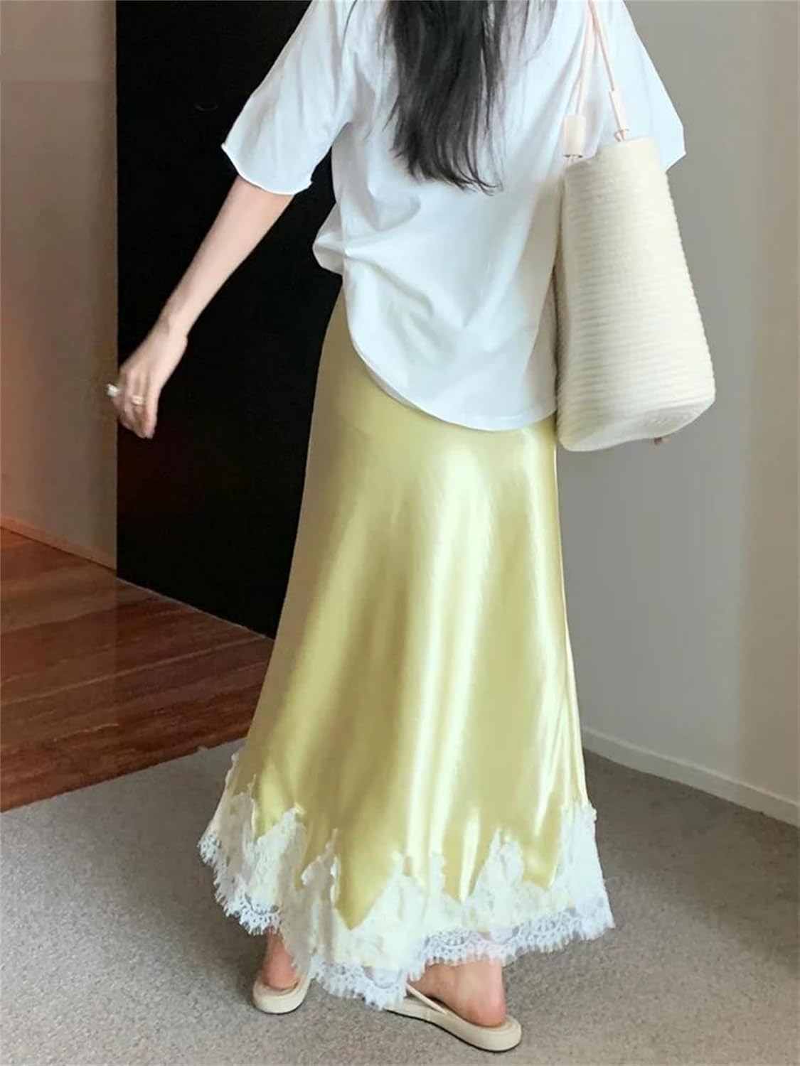 Women's Elegant Satin A Line Midi Skirt High Waist Slim Fit Lace Detail Long Skirt Korean Luxury Fashion Outfit