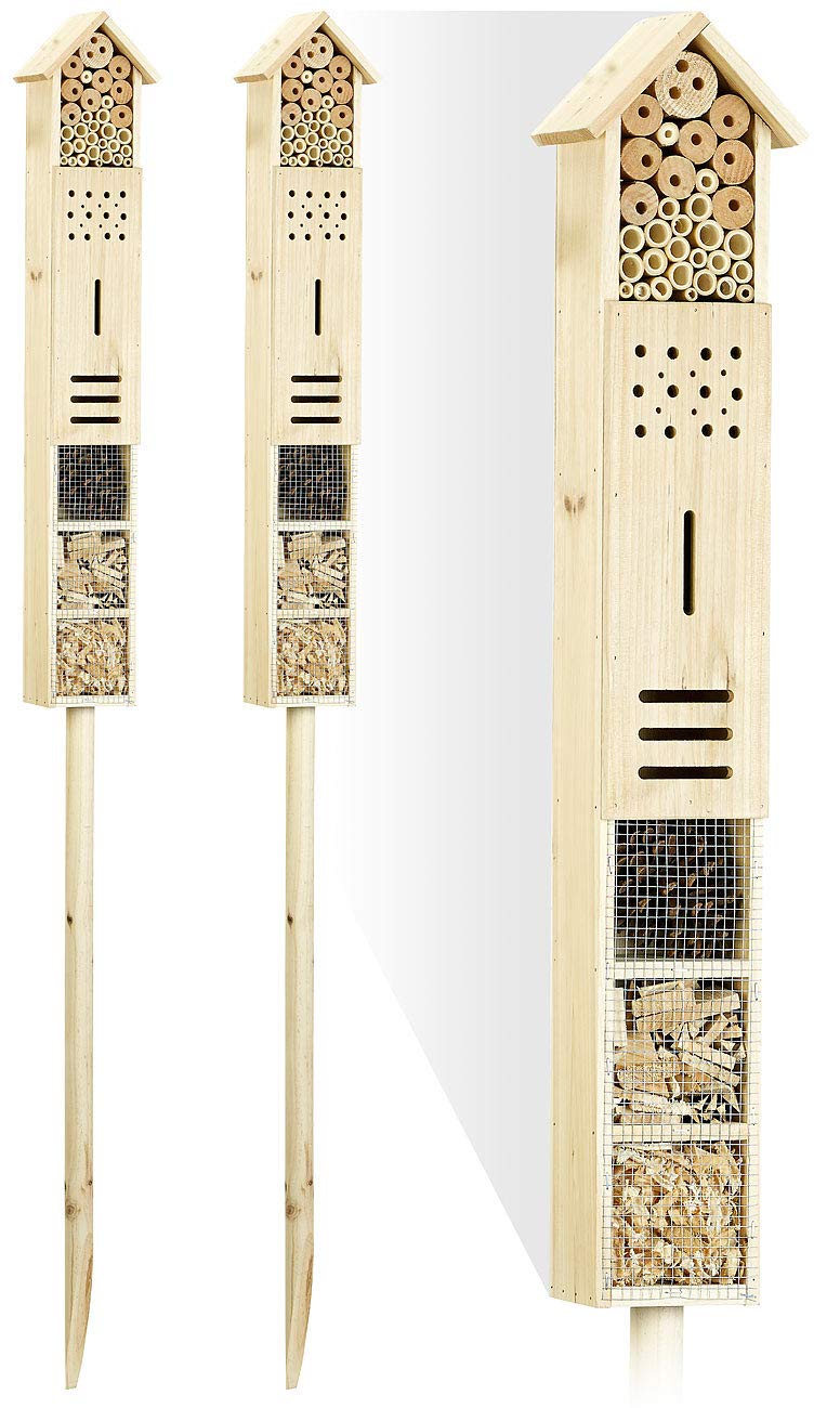 Royal Gardineer Holz-Insektenhotel: 2er-Set Insektenhotels Flip mit Erdspieß, 160 cm (auf Holzstab, zum aufstellen, Kinder)