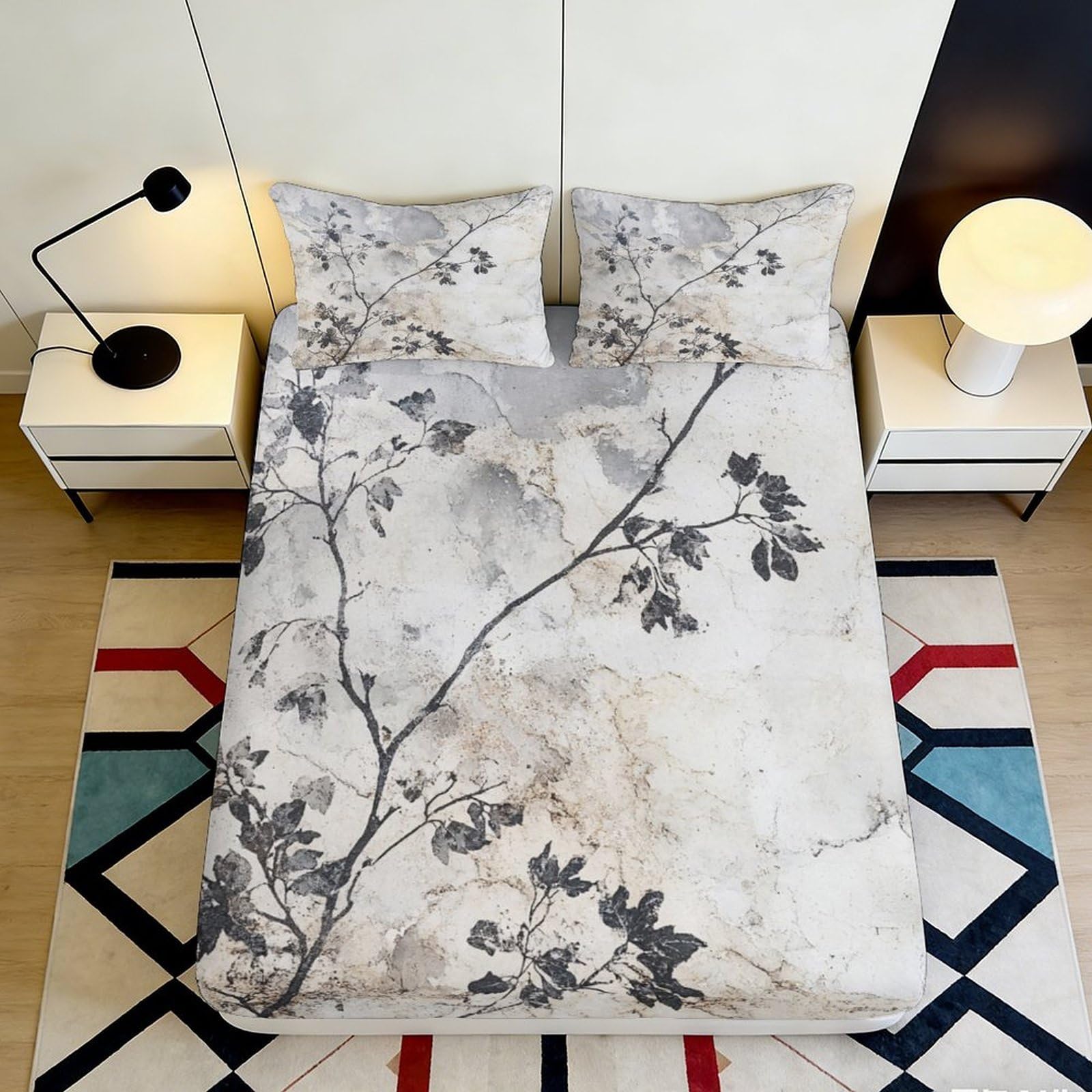 Jqzkxnhpbr Style-10 3D Printed Ink Wash Branch Fitted Sheet Microfiber Soft Breathable Misty Blossom Mattress Cover For Bedroom Guest Room Decor 90X200x25cm
