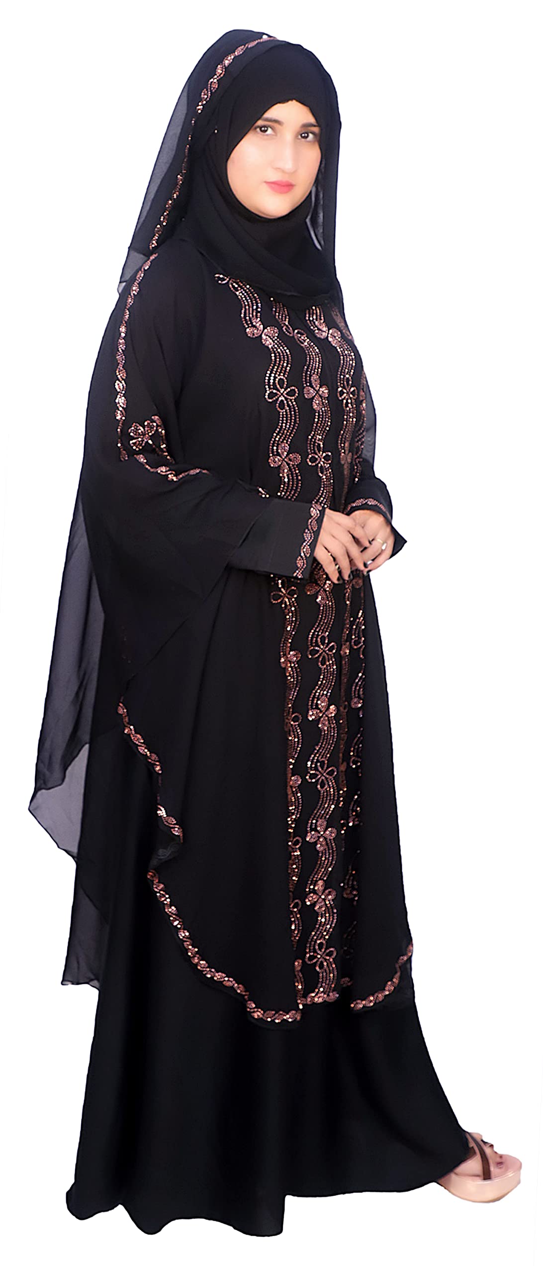 Women's Stylish Double Layer Butterfly Style Diamond Work Farasha Abaya Burqua with Hijab. (DA302, Black), Black, L
