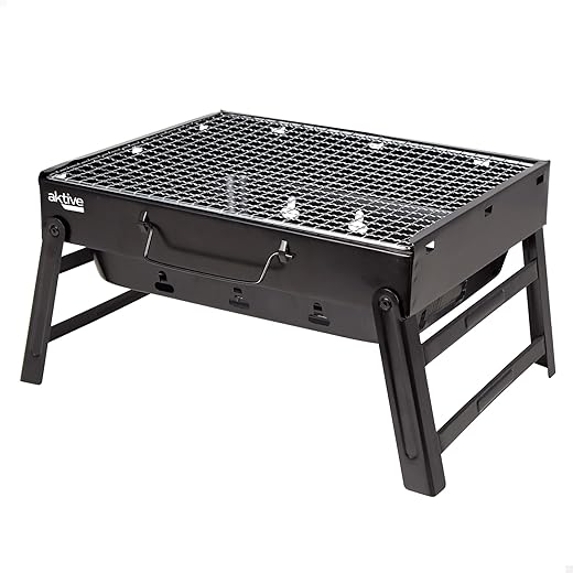AKTIVE 63031, Barbacoa Portátil a carbón de acero Negra y rectangular, plegable, Medidas 35 x 27 x 20 cm, Con asa, fácil de transportar, parrilla camping, terraza, balcón
