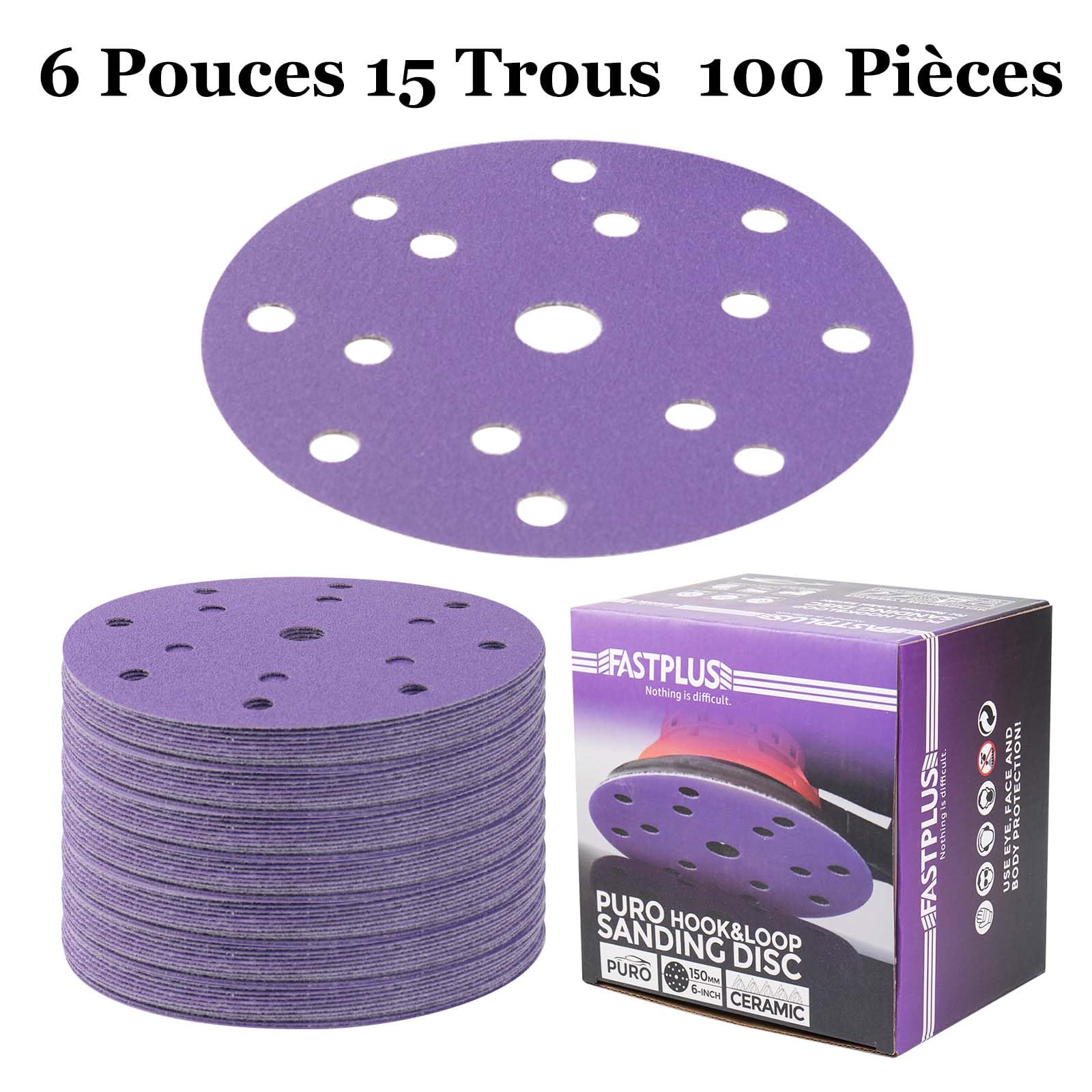 Disques de Ponçage de 150 mm, 100 Disque Abrasif 150mm, 10 Disques de Papier de verre à crochet et boucle à grains Mixtes 40/60/80/120/180/240/320/400/600/800 Pour Ponceuse Orbitale Aléatoire