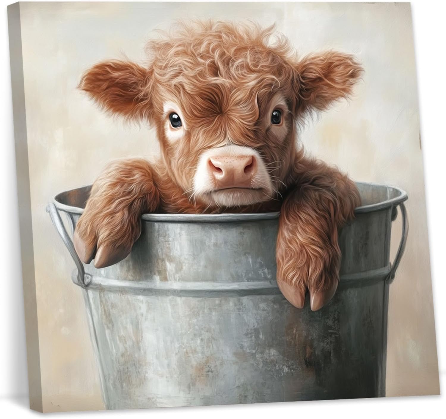 YMXZHUANSH Baby Highland Cow Wall Art Cute Cow in Bucket Canvas Print Farmhouse Animal Pictures Rustic Brown Cattle Painting for Nursery Decor Frame(Brown 12L x 12W)