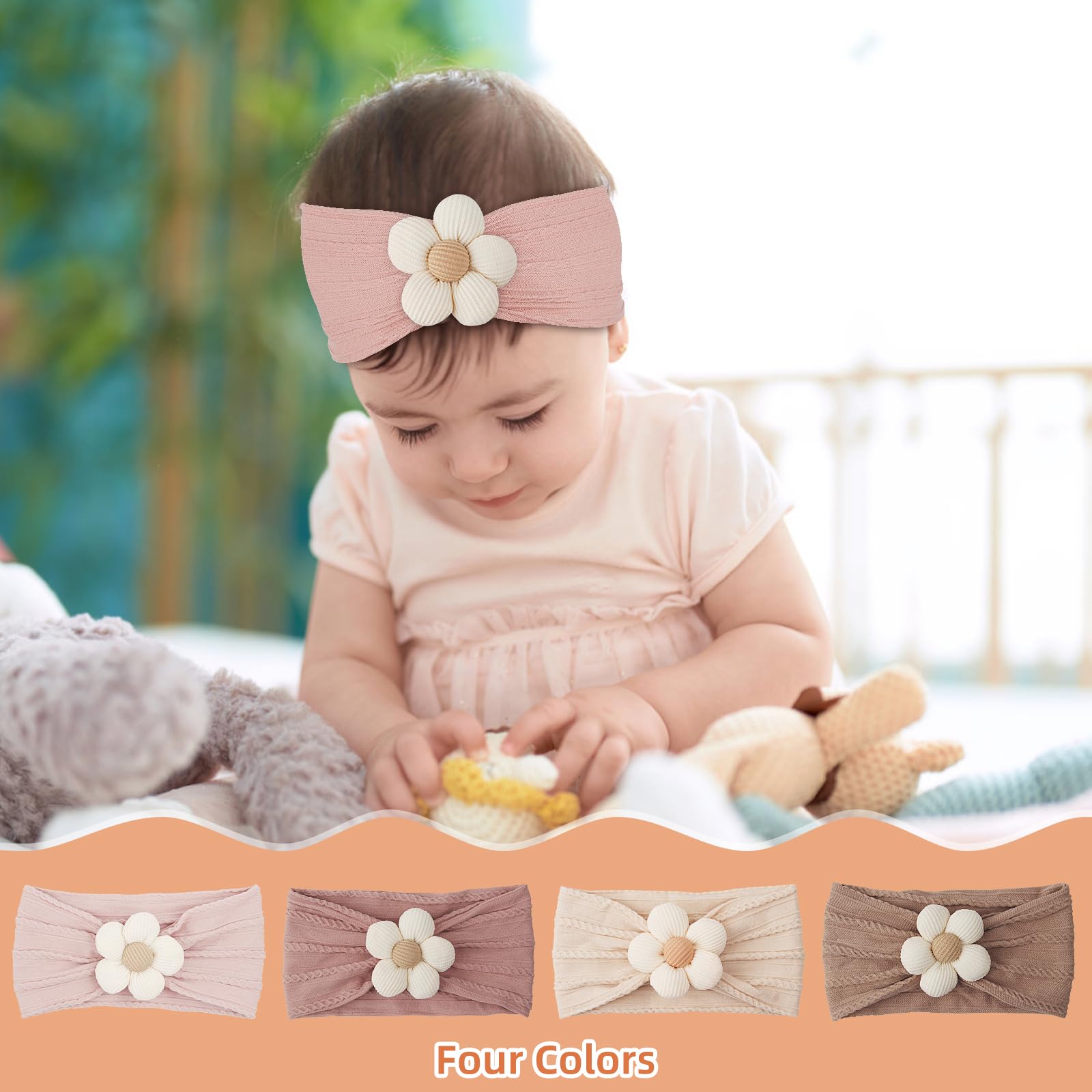 Jaydear 4 PCS Baby Flower Headbands for Infant Girl - Nylon Hair Bows for Newborn Infant Toddler for Kids - Lovely Floral Design, Soft & Comfortable, Perfect, For All Occasions