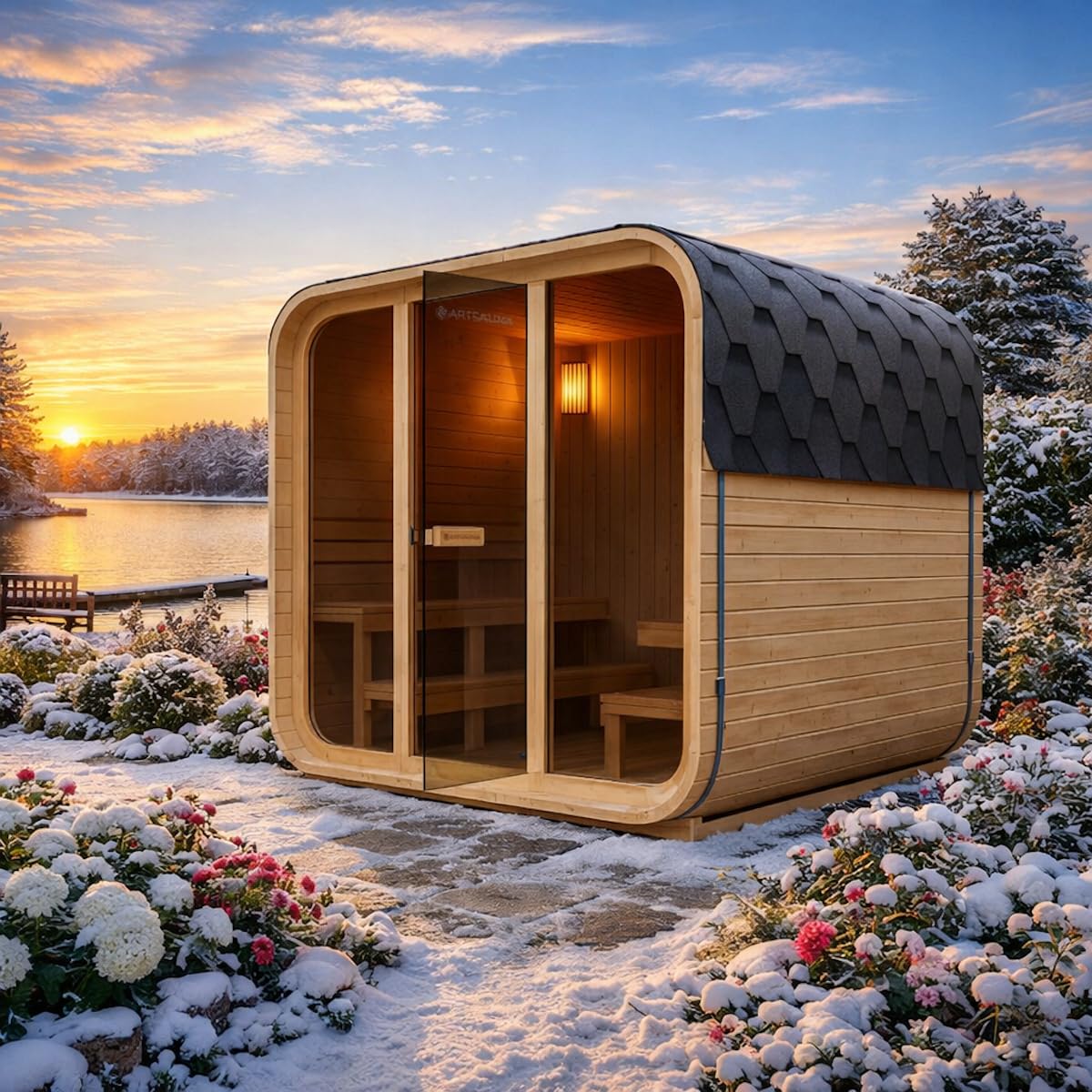 Outdoor Cubesauna Holz Sauna Finnland 228x180 cm – Gartensauna Komplett Set für 6 Personen mit 9 kW Saunaofen, LED Licht, Saunazubehör & Bitumen Dachschindeln