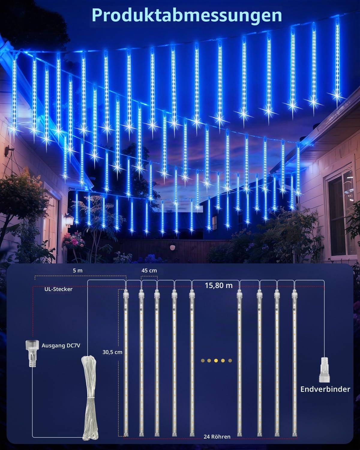 PEMOTech Weihnachtsbeleuchtung Außen,24 Röhren 30 CM 576 LEDs eiszapfen lichterkette außen，Wasserdichte Fallende Regen Lichter für Weihnachten Halloween Weihnachtsbaum, Weihnachtsdeko Aussen, Blau
