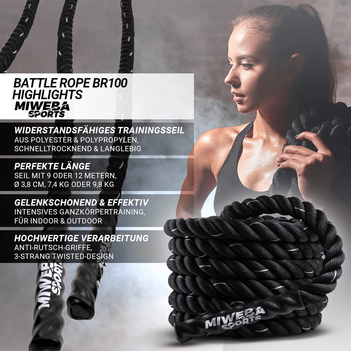 Miweba Sports Battle Rope BR100 | 9m / 12m - Trainingsseil Ø 40 mm - Schlachtseil - Schwingseil - Fitnessseil - Battle Ropes - Fitness Seil - Schlagseil - Schwungseil - Sportseil - Indoor & Outdoor