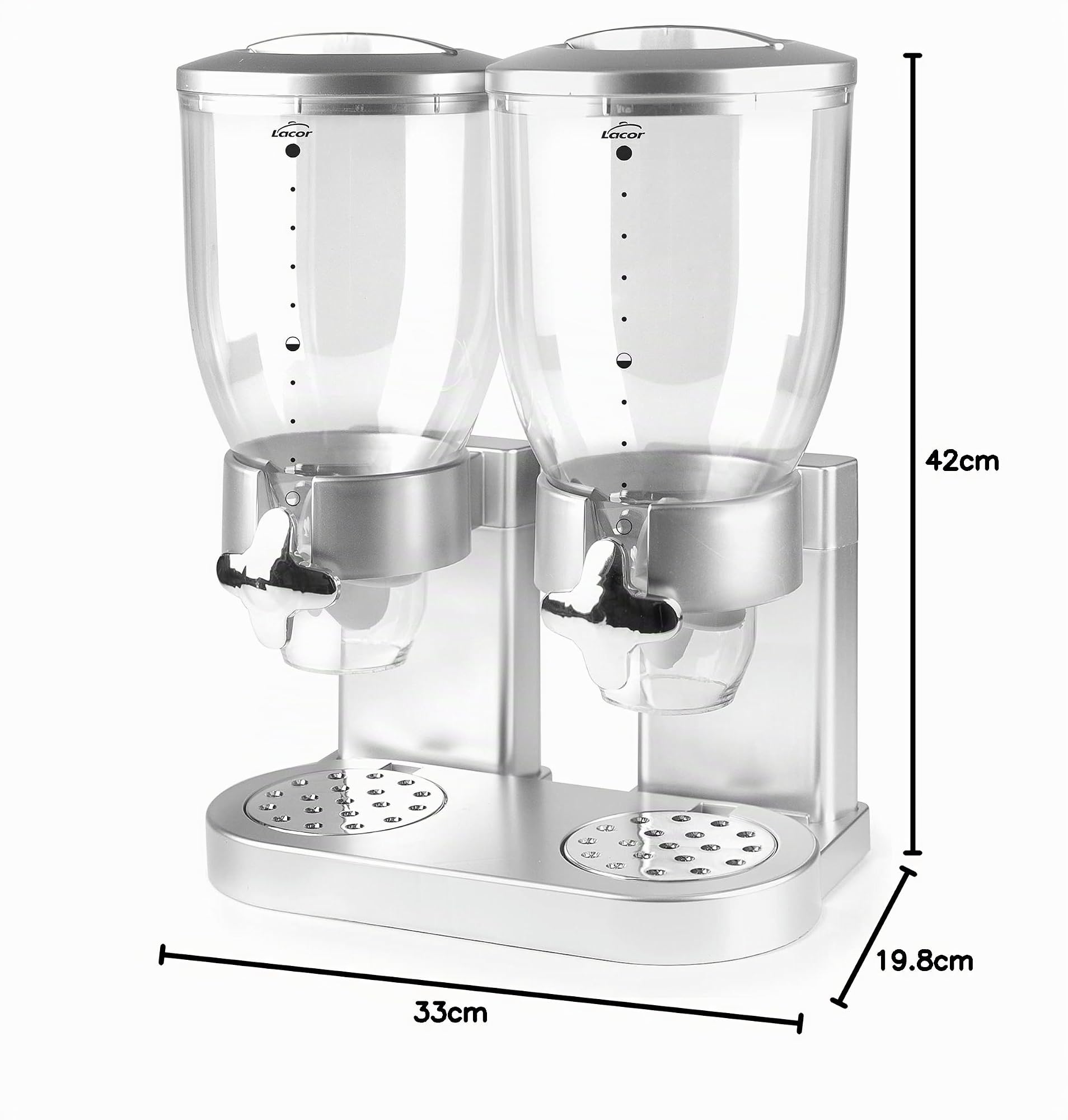 LACOR - 62597 - Spender für Getreide, trockene Früchte, Paste und Süßigkeiten, doppelter Behälter mit 3,5 l, Drehsystem, BPA-frei, 33 x 20 x 42 cm, Grau | Langlebiges Profi-Utensil; entwickelt für optimale Leistung und schnelle, unkomplizierte Reinigung i