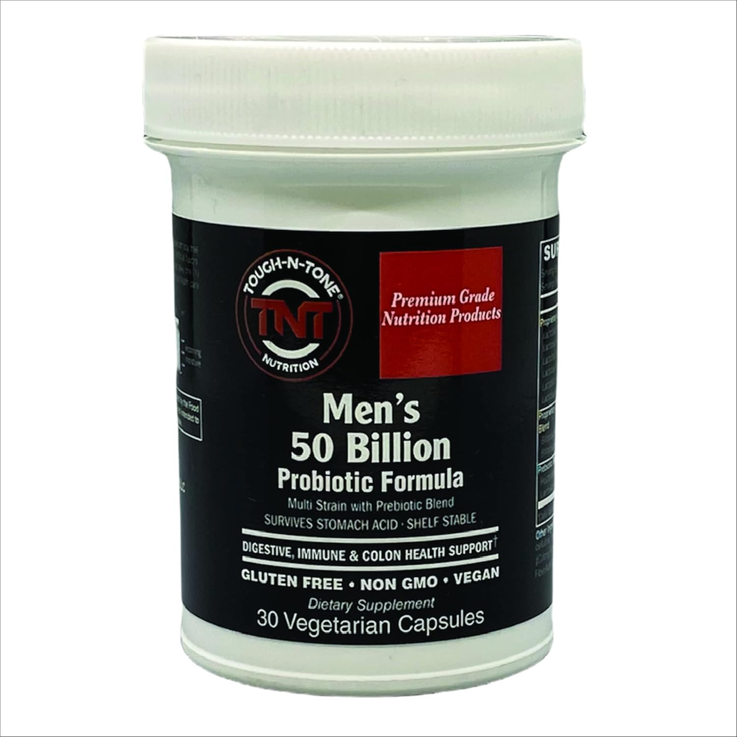 TOUGH-N-TONE Men's 50 Billion Probiotic Formula. A Shelf-Stable, high-Potency, Proprietary Blend containing 50 Billion CFUs and Custom-Tailored to Support Men’s Digestive, Immune & Colon Health.