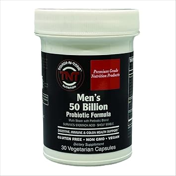 TOUGH-N-TONE Mens 50 Billion Probiotic Formula. A Shelf-Stable, high-Potency, Proprietary Blend containing 50 Billion CFUs and Custom-Tailored to Support Mens Digestive, Immune & Colon Health.