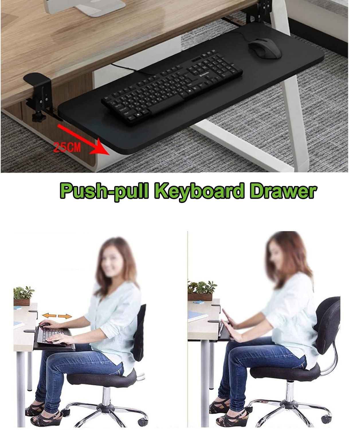 調節可能なキーボードトレイ - 4色 木製デスクエクステンション 52/65/75 x 25 cm スムーズなプッシュプルキーボード