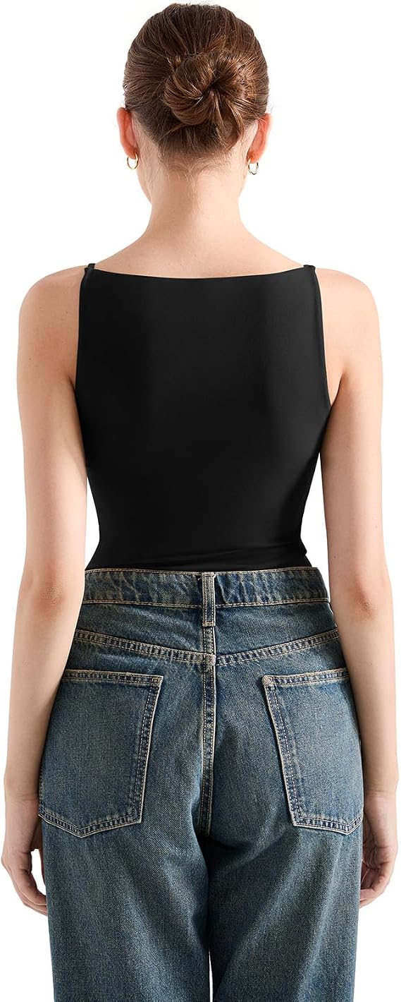 SUUKSESS Women Double Lined Boat Neck Tank Tops Y2K Going Out Cami Shirts