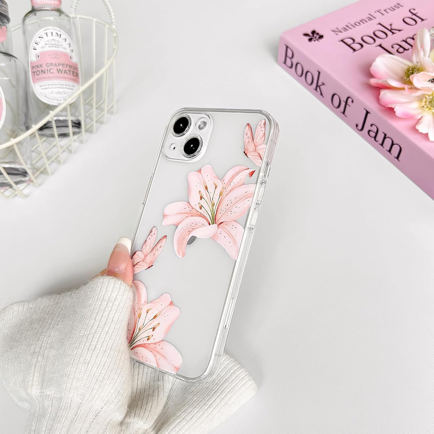 NITITOP Compatible with iPhone 14 Case Clear Cute Butterfly Lily Flower Floral Pattern for Women Girls Full Camera Lens Clear Slim Shockproof Protective Phone Cover - Light Pink - Image 7
