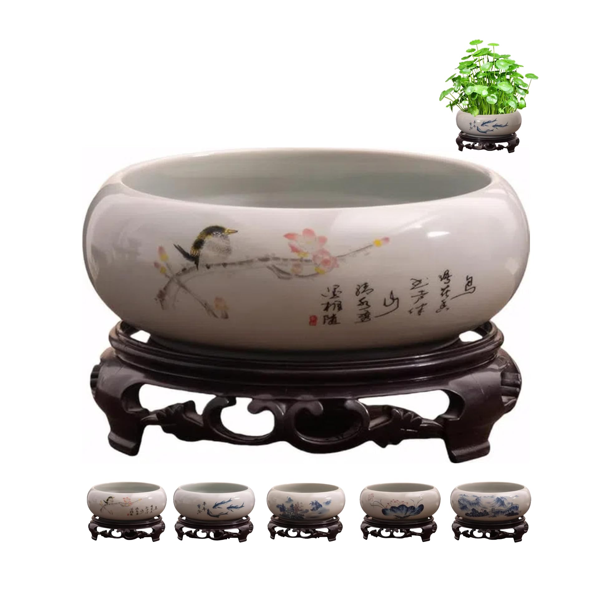 Lotus Bowls for Planting in Water Indoors, Ceramic Lotus Bowl Planter, Hydroponic Planter Water Lily Bowl with Stand, Lotus Flower Bowl Decorative