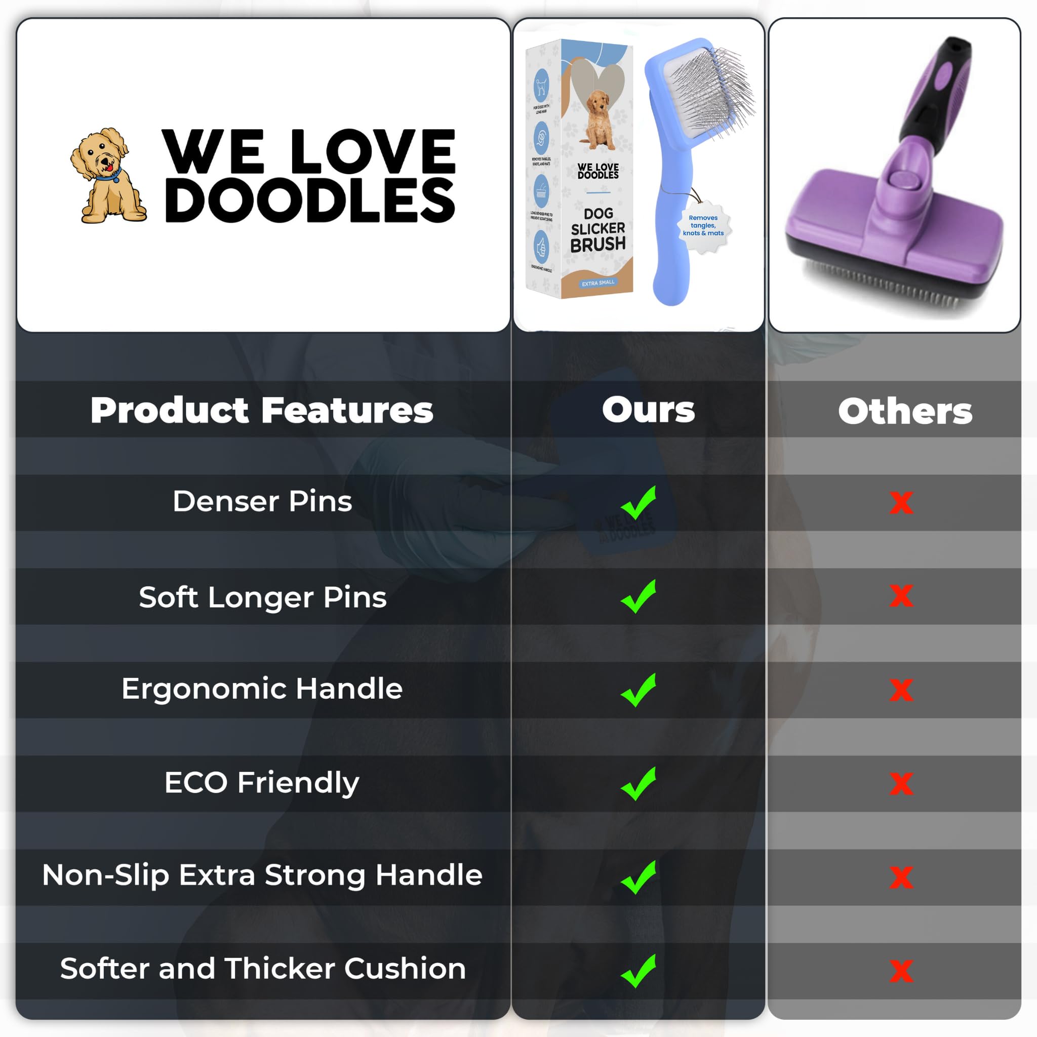 We Love Doodles Cepillo de pelo largo Goldendoodle para pelos de mascotas – Los mejores cepillos para caniche y garabatos dorados – Cepillo de pelo largo Goldendoodle para desenredar (extra pequeño)