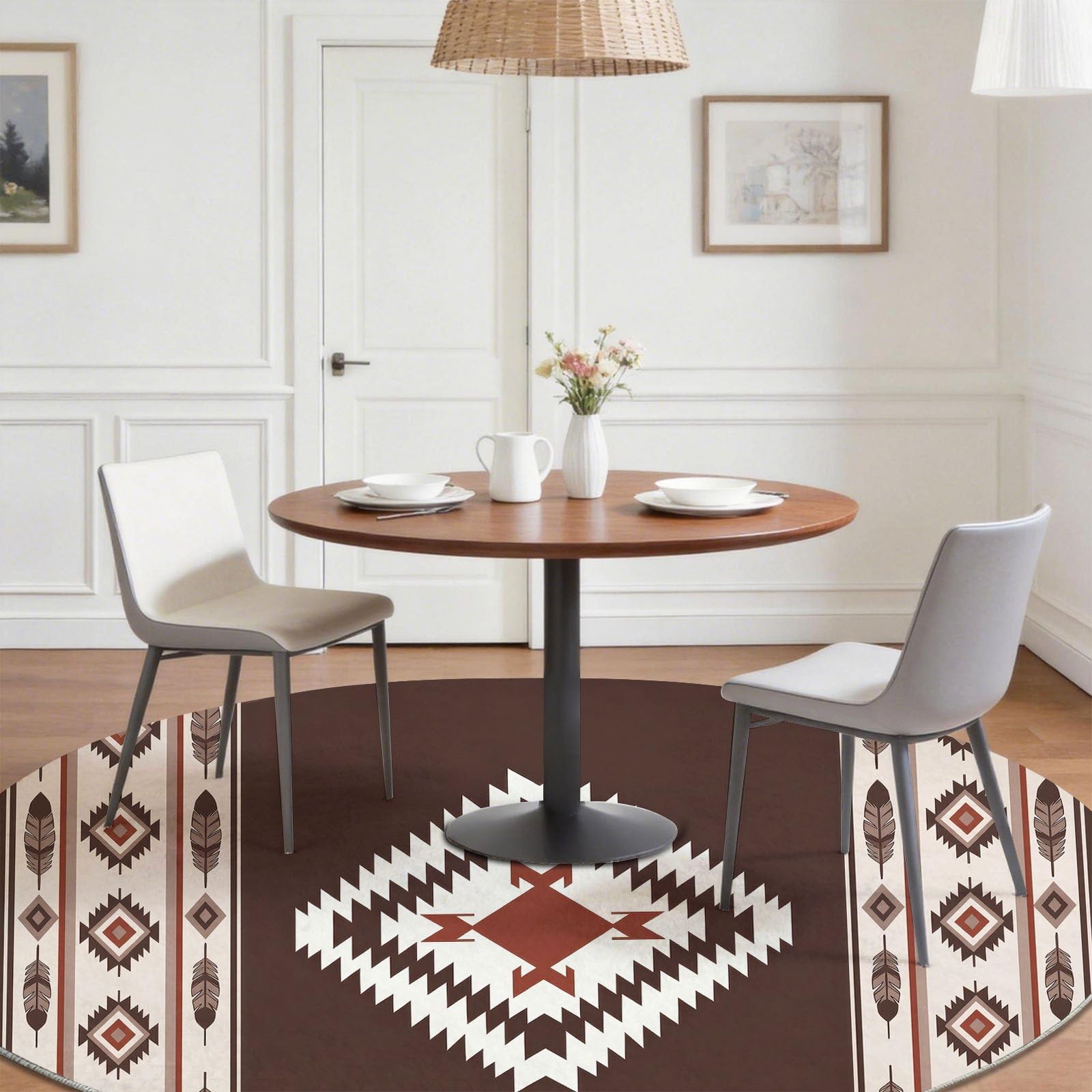 Tappeto rotondo in stile bohémien, lavabile, per soggiorno, 120 cm, a pelo corto, per tavolino da caffè, motivo geometrico, motivo geometrico, antiscivolo, per camera da letto e cameretta dei bambini
