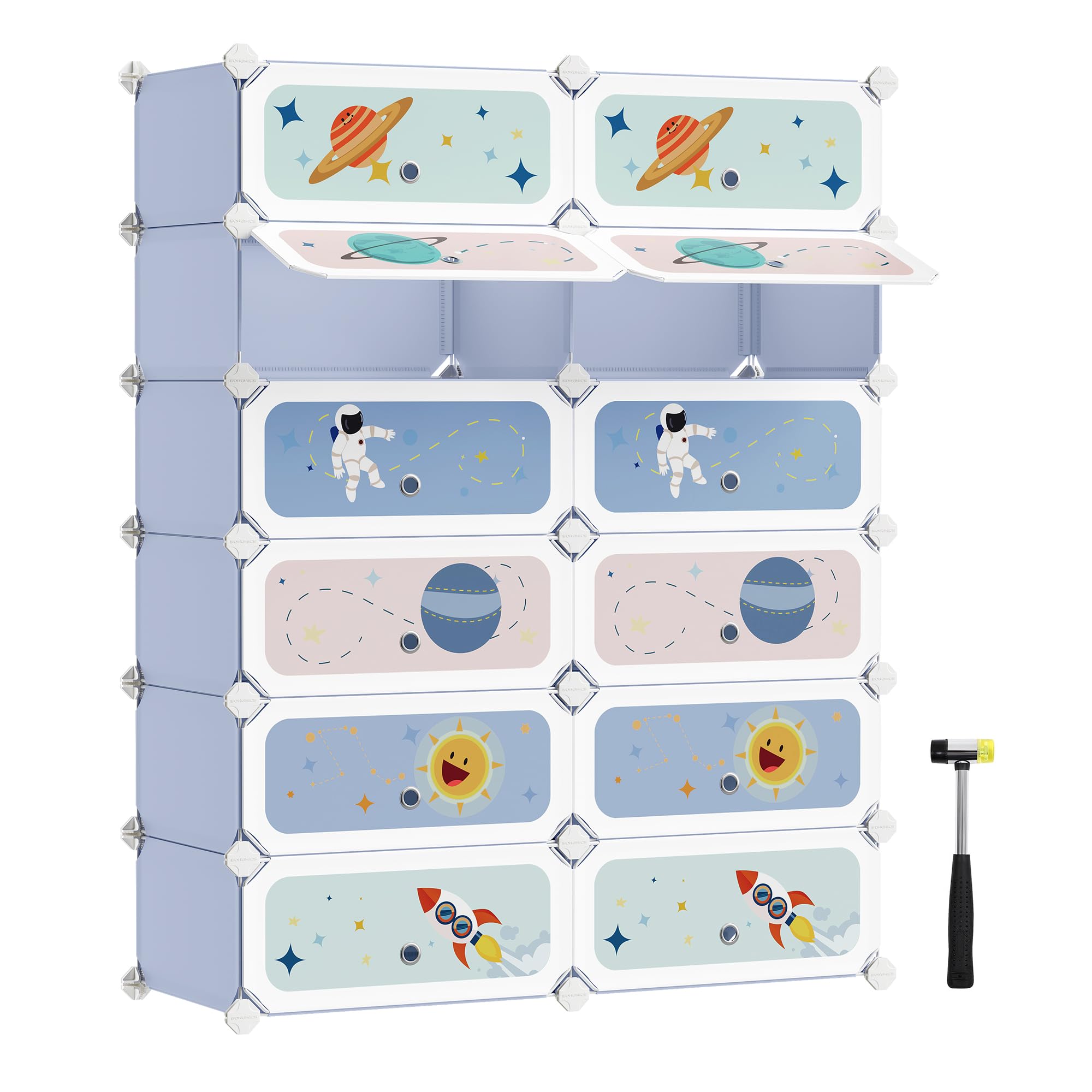 SONGMICS Étagère à Chaussures Modulable Enfants, Meuble de Rangement 12 Emplacements, Armoire avec Étagères en Plastique, Organisateur avec Portes, 31 x 81 x 106 cm, Bleu Clair LPC907Q01