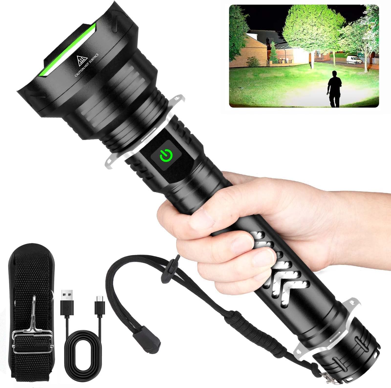 Flashlights High Lumens Rechargeable, 900000 Lumens Super Bright LED Flash Light with Shoulder Strap, 5 Modes, IPX6 Waterproof, Powerful Flashlight for Hu∩ting, Camping, Emerge∩cies