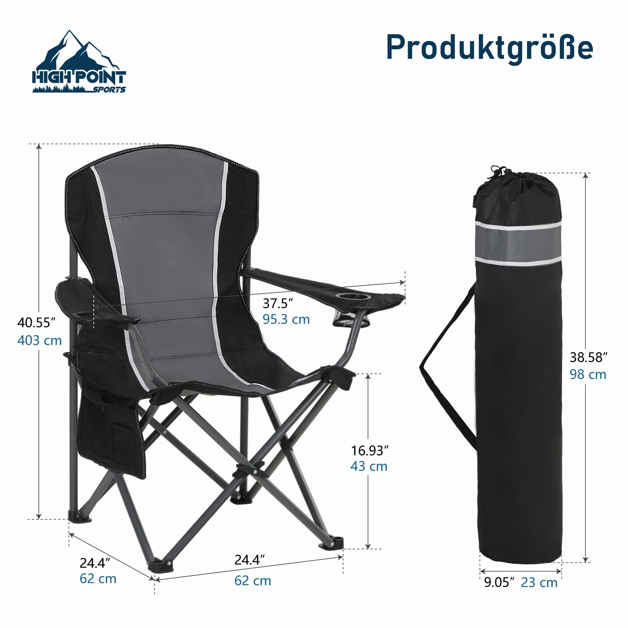 HIGH POINT SPORTS Campingstuhl Faltbar Angelstuhl Klappbar 160 kg Belastbar Klappstuhl mit Armlehne Getränkehalter Stahlrahmen Tragbar Campingsessel