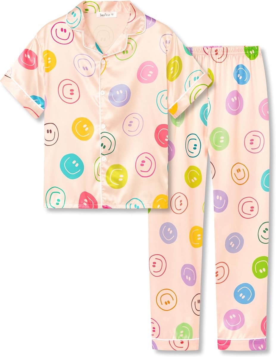 Beezizac Girls Pajamas Satin Silky Short Sleeve & Pants Size 6-16 | Soft Satin Silky, Button Front Top, Coat Style, Elastic Waist Pants, Cozy Girls Sleepwear & Daily Gift