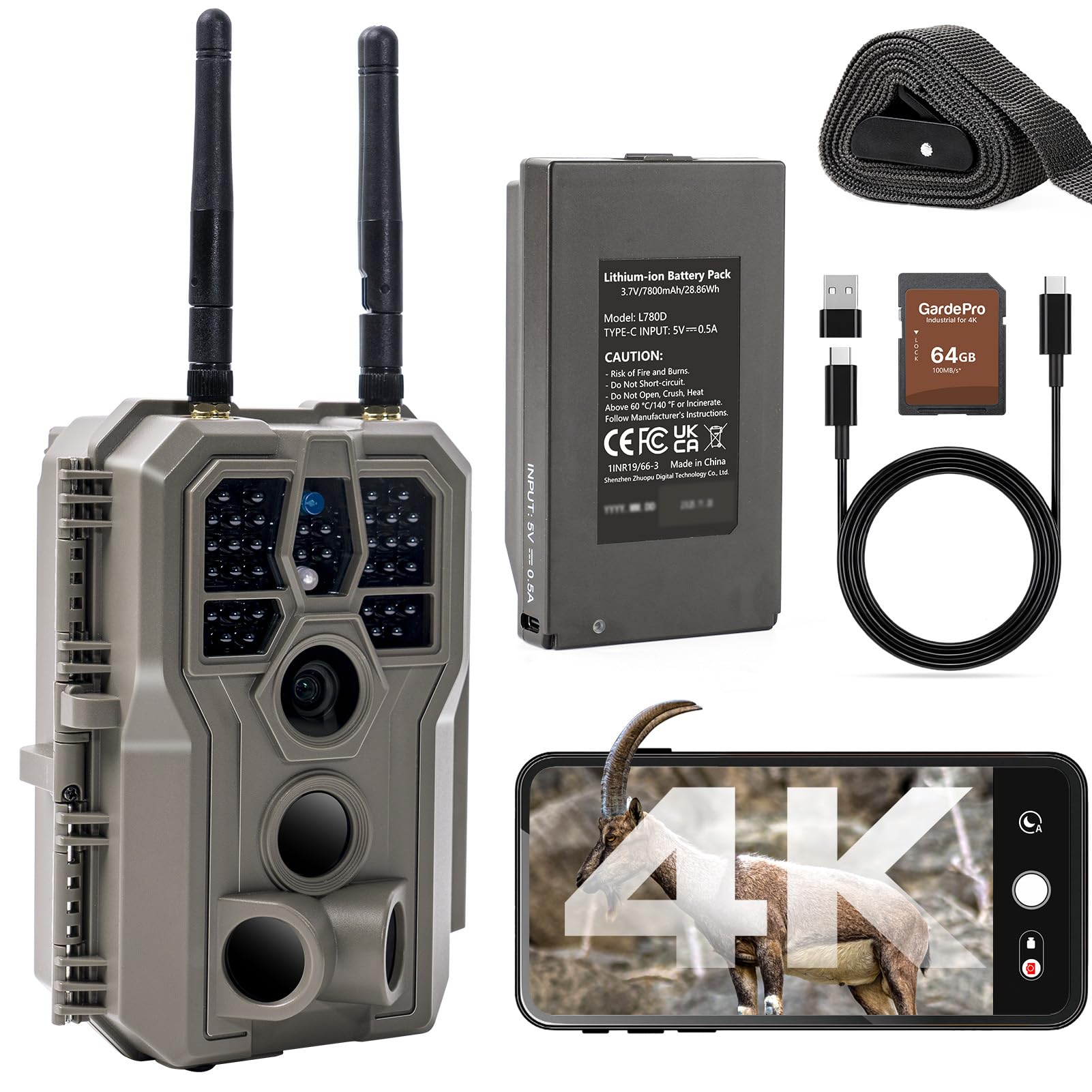 GardePro E8 2.0 Pro Caméra De Chasse Double Antenne WiFi avec Carte SD 64Go, Vidéo 4K H.264 64MP, Batterie Rechargeable 7800mAh, Vision Nocturne À 30m, Détecteur De Mouvement, Déclencheur 0,1s, IP66