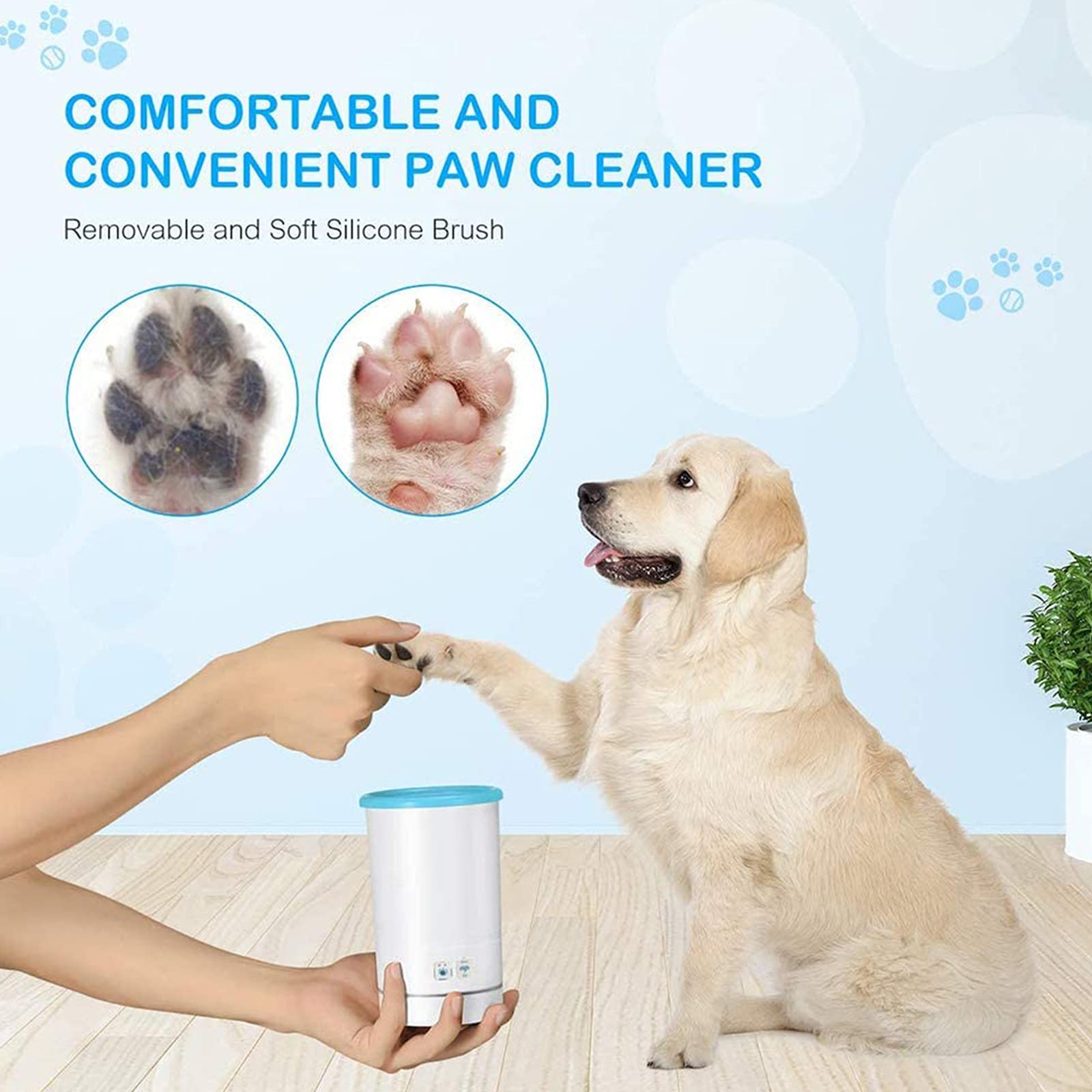 Nettoyeur de Pattes pour Chien, Lave-Pattes électrique, Outil de Nettoyage des Pattes Chien et Chat for boueuses avec Cordon USB Serviette(Blue,M)