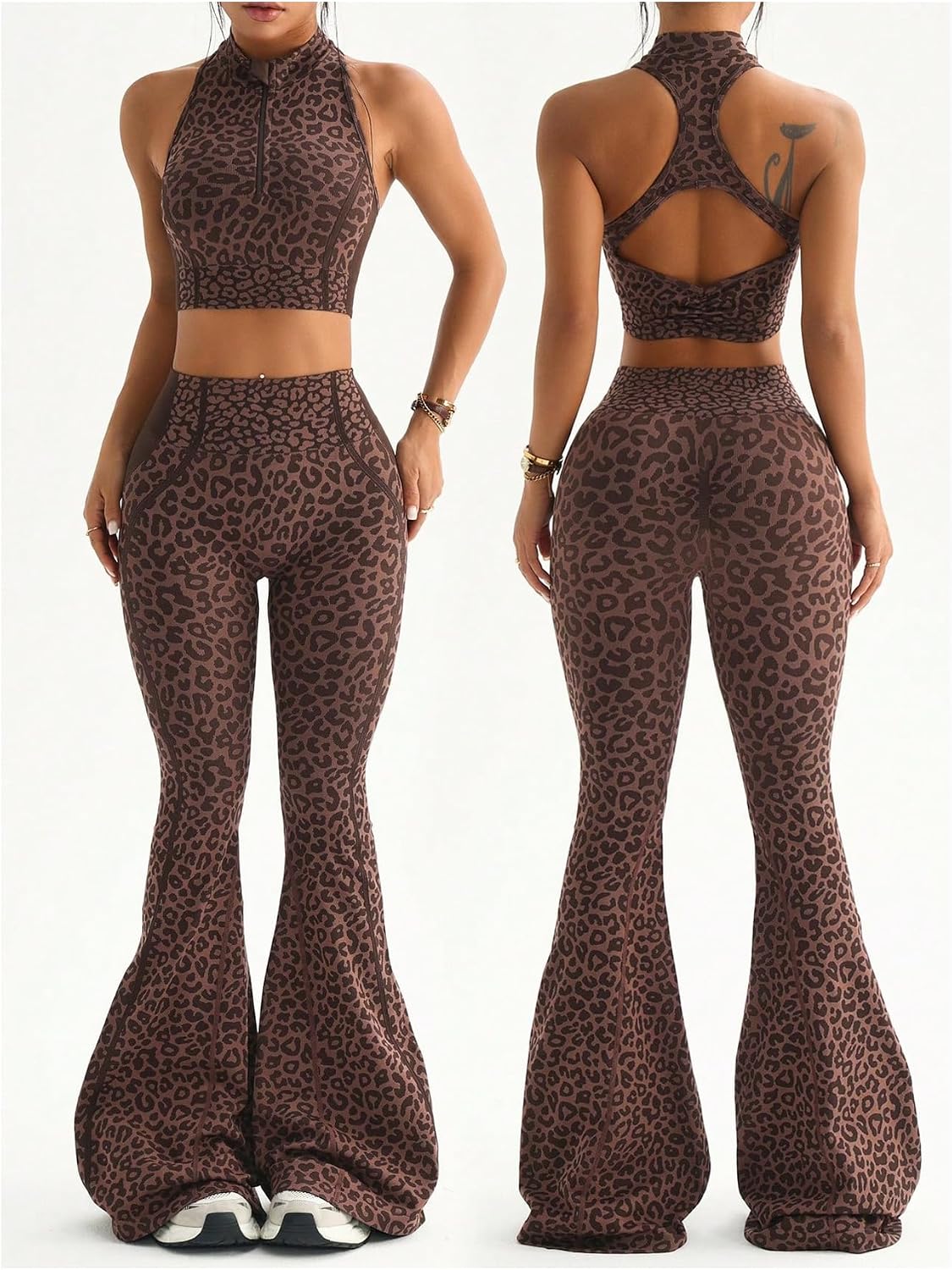 Milumia Women's Cheetah Print Workout Set Half Zip Up Crop Tank Top and Flare Leggings Sets Yoga Gym Outfits