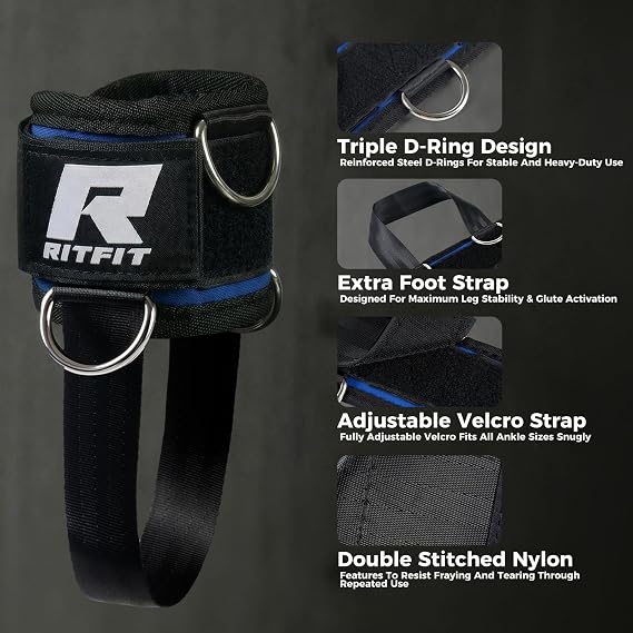 RitFit Kickback Ankle Straps Padded Ankle Strap for Cable Machine,Strong Hook and Loop,Reinforced 3 D-Ring, Adjustable Comfort fit Neoprene - Premium Ankle Cuffs to Enhance Abs, Glute & Leg Workouts