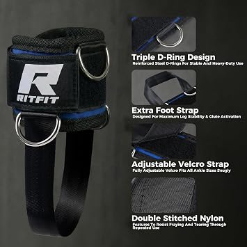 RitFit Kickback Ankle Straps Padded Ankle Strap for Cable Machine,Strong Hook and Loop,Reinforced 3 D-Ring, Adjustable Comfort fit Neoprene - Premium Ankle Cuffs to Enhance Abs, Glute & Leg Workouts