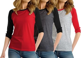 Pack Of 3 Raglan Shirt Women 3/4 Sleeves Crew Neck Multipack Baseball Tees
