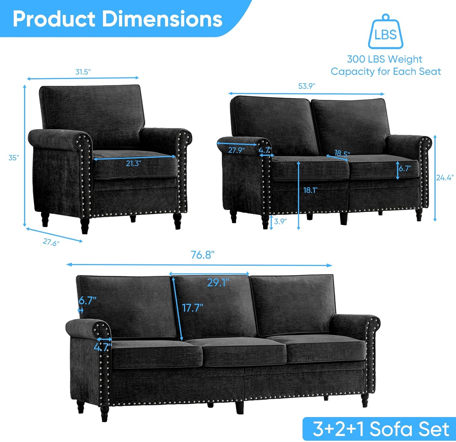 Mjkone 3 Pieces Living Room Sofa Set, Chenille Sofa Couch and Loveseat Chair Set, Sectional Sofas Couch Sets with Wood Frame, Gourd Shape Wood Legs, 6.7" Thicken Cushion, Rivets for Living Room, Black