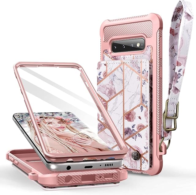 Dracool for Samsung Galaxy S10 Case with Card Holder and Screen Protector PU Leather Wallet for Women 360 Full Body Protection Shockproof Protective Cover with Strap Magnet Marble Flower - Rose Gold