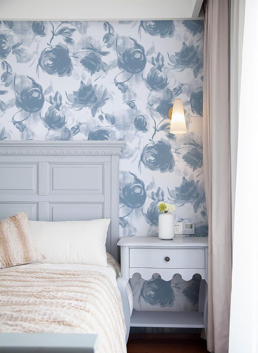 GloryTik Peel and Stick Wallpaper Blue Floral Contact Paper Modern Self-Adhesive Waterproof Wall Paper Blue Large Floral Watercolor Wallpaper for Cabinets Bedroom Bathroom Vinyl Roll 17.3" x 196.8"