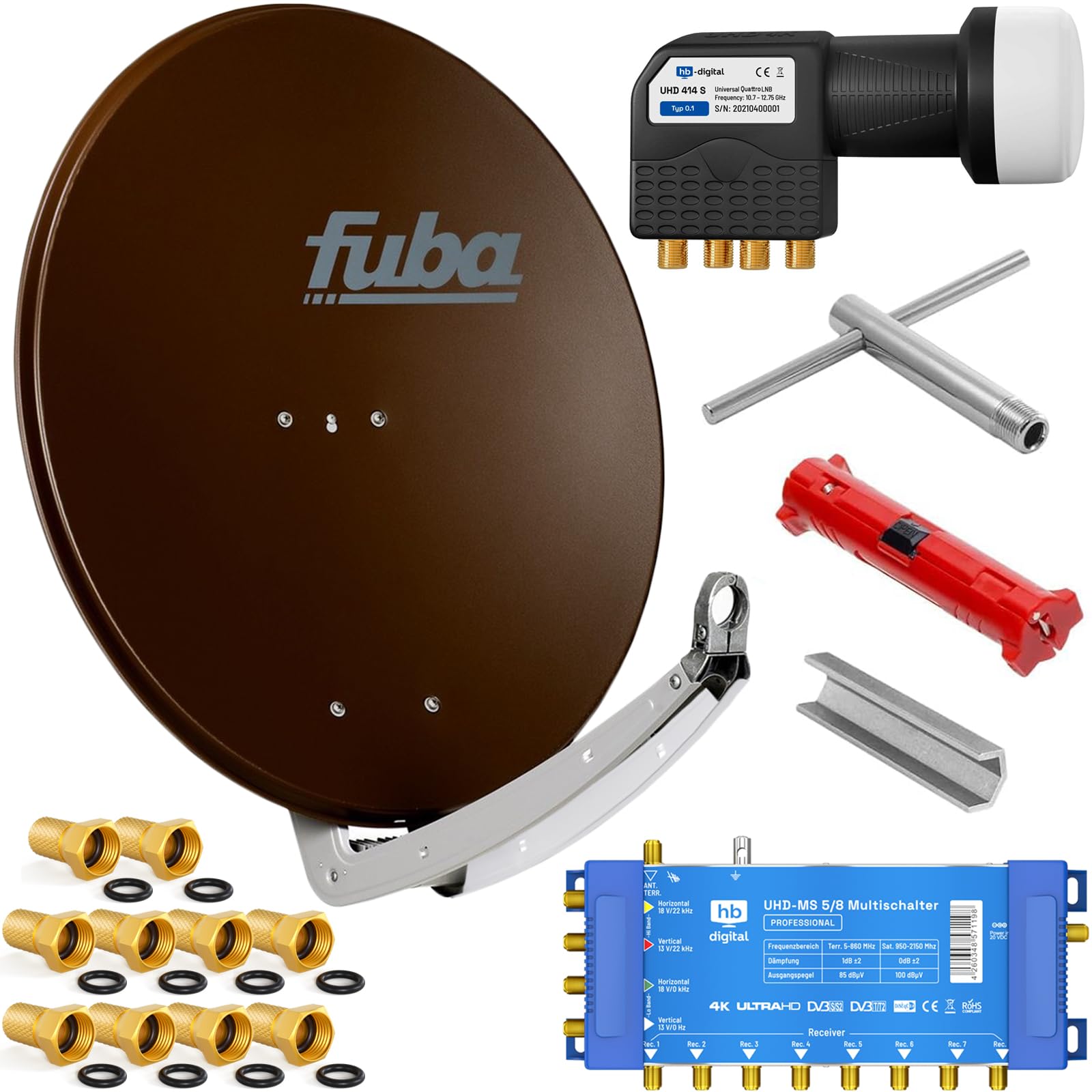 Fuba 8 Teilnehmer Digital SAT Anlage 78cm Schüssel DAA780B Braun + hb-digital UHD 414 S Quattro LNB 0,1dB HDTV 4K + UHD-MS 5/8 Multischalter + Aufdreh-Set + 24 vergoldete F-Stecker Gratis dazu