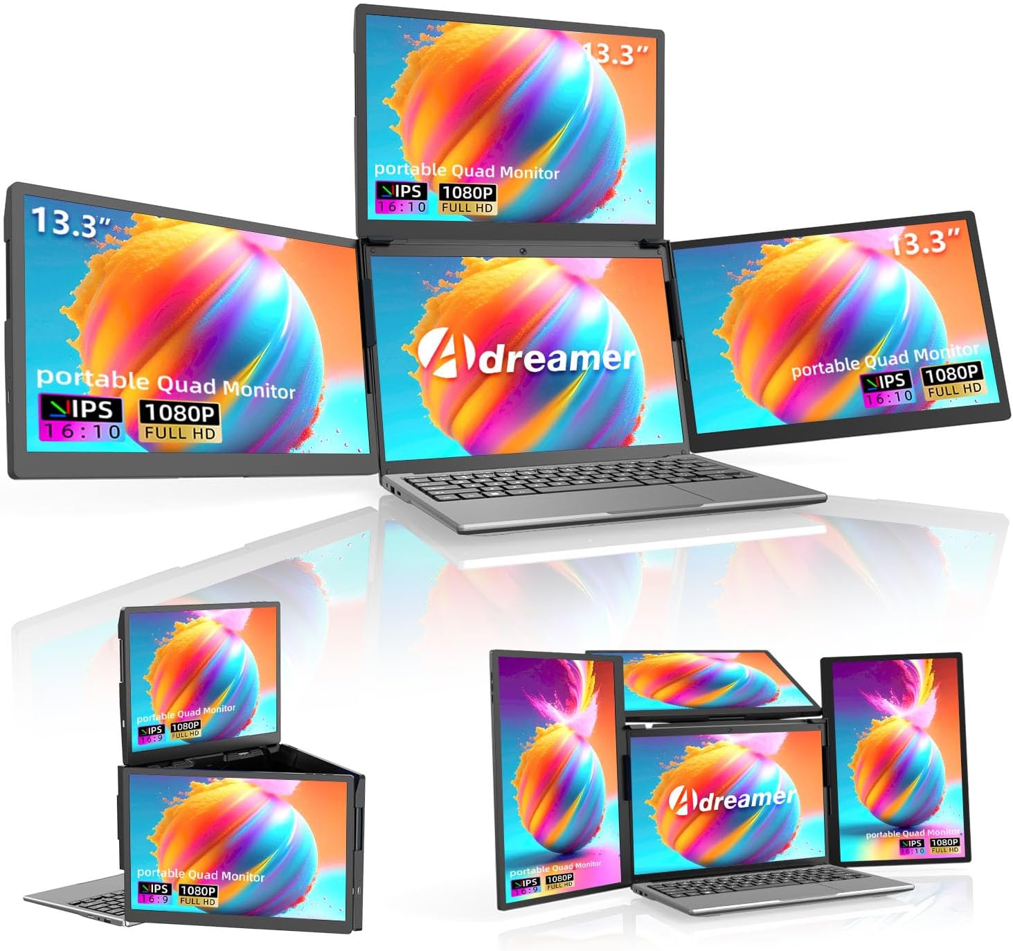 ADREAMER 13.3" Triple Screen Laptop Monitor Extender, Detachable 3 Monitor for 11.6"-16", FHD 1200P IPS, Multi Screen Laptop Attachment, Compatible with Wins/MacOS(M1/M2/M3).