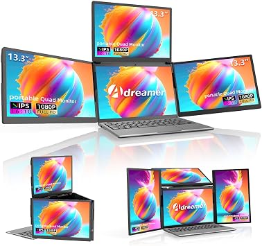 ADREAMER 13.3" Triple Screen Laptop Monitor Extender, Detachable 3 Monitor for 11.6"-16", FHD 1200P IPS, Multi Screen Laptop Attachment, Compatible with Wins/MacOSM1/M2/M3.
