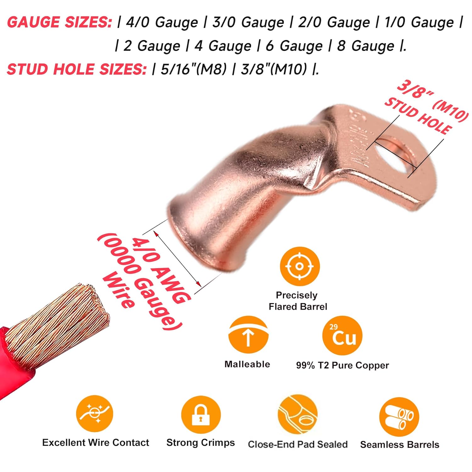 90° Pure Copper Cable Lugs 8pcs 4/0 AWG-3/8 90 Degree Bent Battery Lugs,Heavy Duty Wire Lugs,Ring Terminal,4/0 Guage terminals 90° Battery Cable Ends/Terminal Connectors with 8pcs 3:1 Heat Shrinks