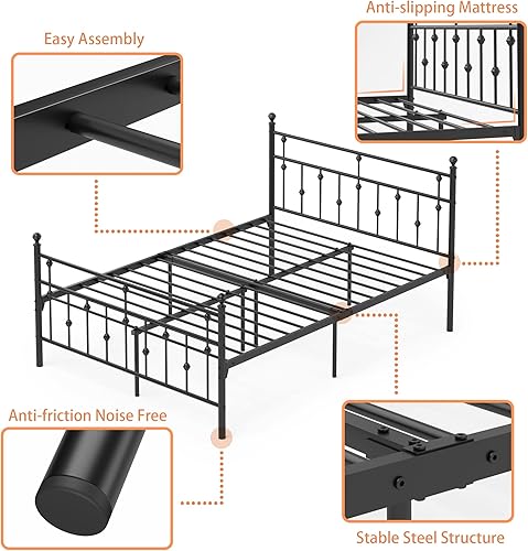 Miniatura 5 de Weehom Base de cama de tamaño matrimonial con cabecero y estribo, plataforma de metal, marco de cama debajo de la cama, diseño moderno para niños,