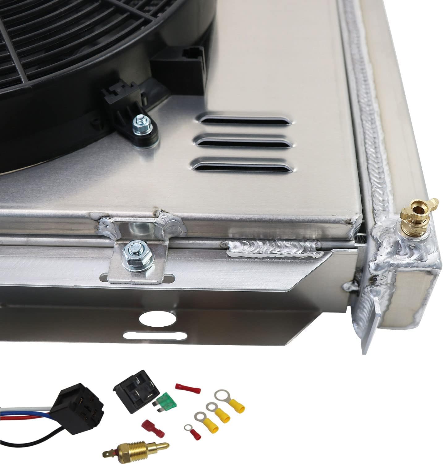 4 Row Aluminum Radiator & Shroud Fan & Relay Compatible For 67-68 Ford Galaxie Thunderbird/Mercury Marquis