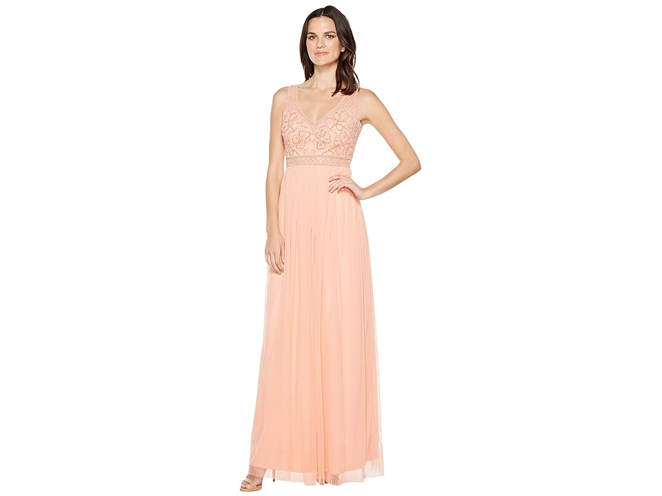 

Adrianna Papell Sleeveless Bead Gown with Shear Waistband (Coral Reef) Women's Dress