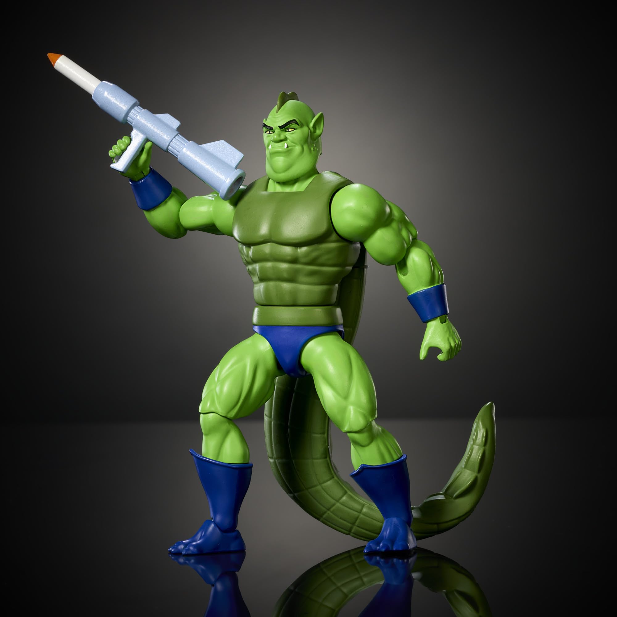 Masters of the Universe Origins - Whiplash Cartoon Collection, action figure cattivo con coda dalla serie MOTU anni '80 con lanciarazzi incluso, giocattolo da collezione, 6+ anni, JBM95